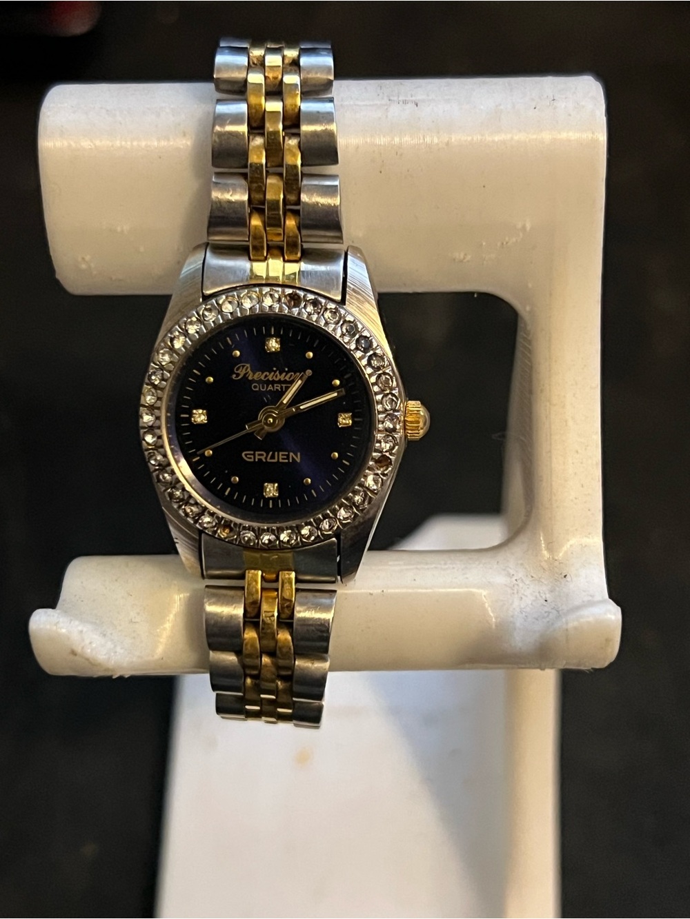 Gruen Precision Quartz Two-Tone Watch with Crystal Bezel & Blue Dial